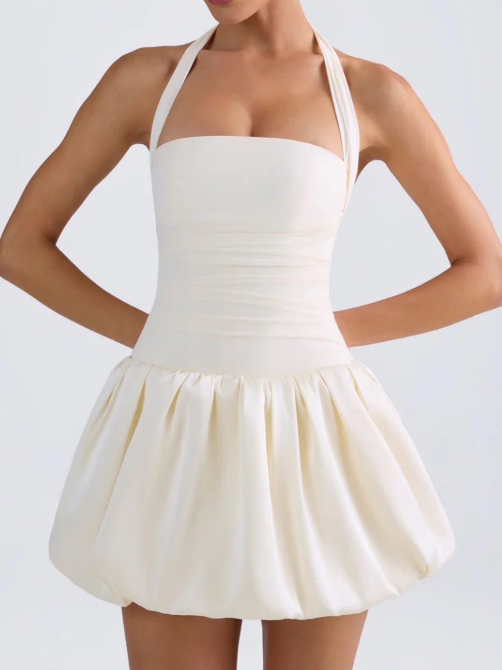 Oh Polly Halterneck Lace-Up Bubble Hem Corset Micro Mini Dress in Ivory